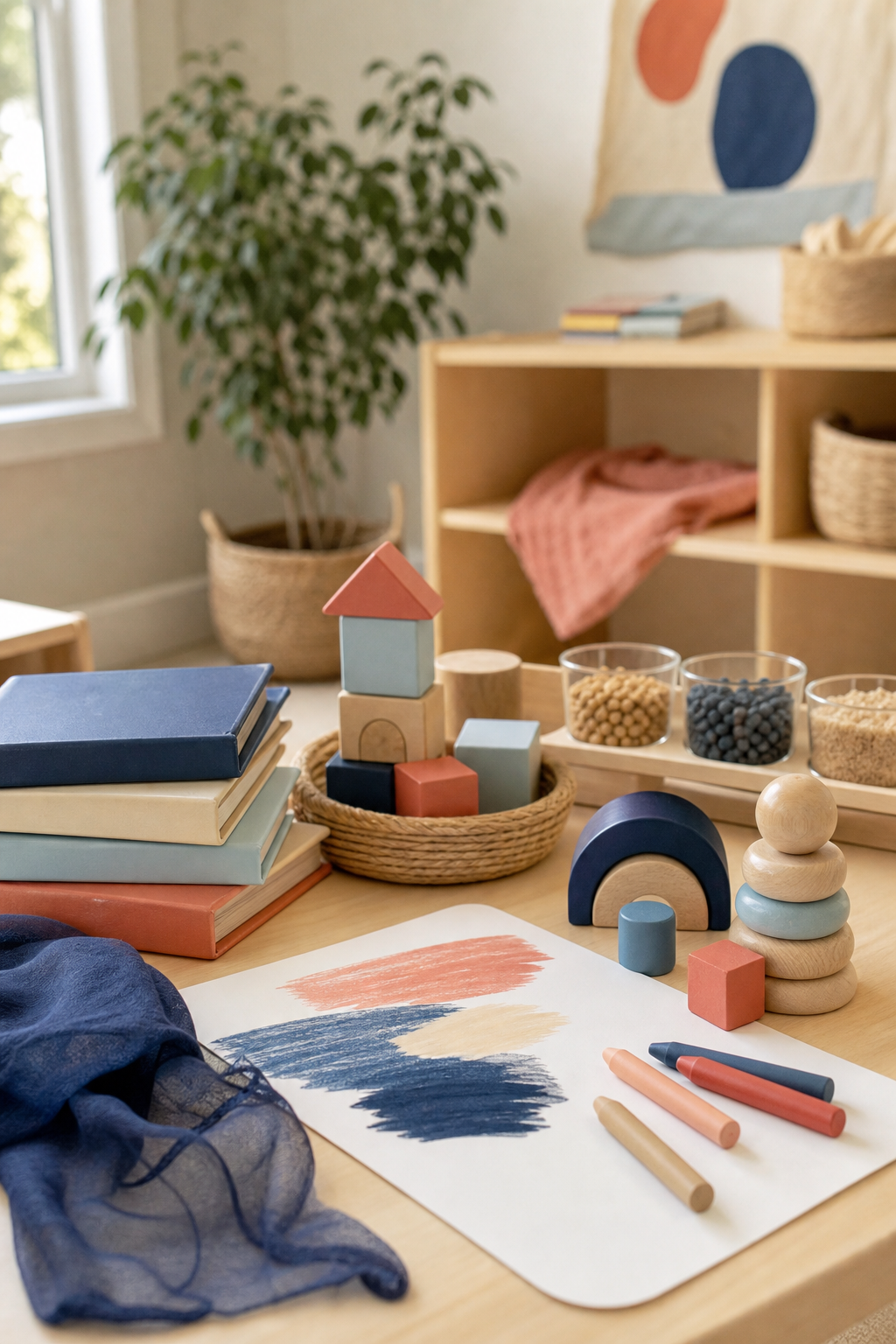 Toddler play materials arranged on a classroom table
